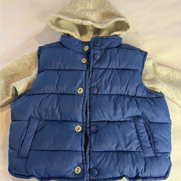 Old Navy Blue Puffer Vest With Gray Fleece Hood and Sleeves Kids Sz 6-12 Mo - Picture 1 of 11